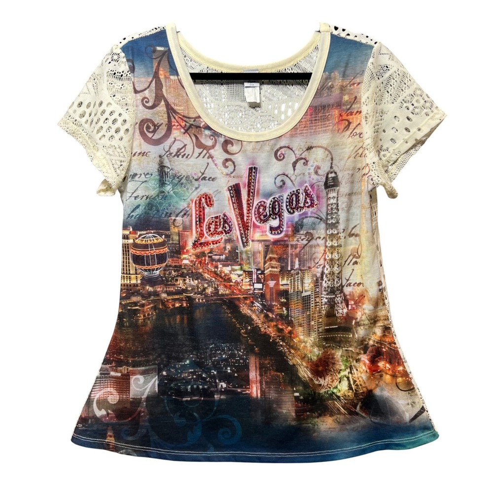 One Fashion Las Vegas Rhinestone Lace Back Graphic Top S/M‎ Y2K Glam Tee